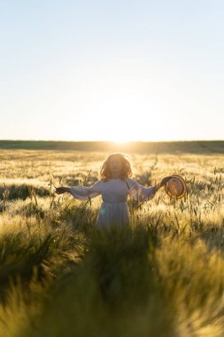 Sabahın erken saatlerinde, buğday tarlasında beyaz elbiseli, uzun sarı saçlı genç ve güzel bir kadın. Yaz, hayalperestlerin, uçan saçların, güneşin altında tarlada koşan bir kadının zamanıdır. seyahat