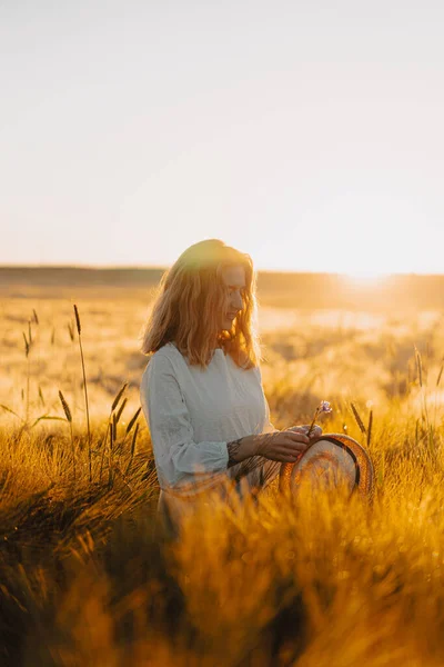 Young Beautiful Woman Long Blond Hair White Dress Wheat Field — Stock Photo, Image