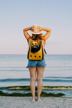 Deniz kıyısında sırt çantasında kedisi olan genç bir kadın. Bir evcil hayvanla seyahat konsepti.