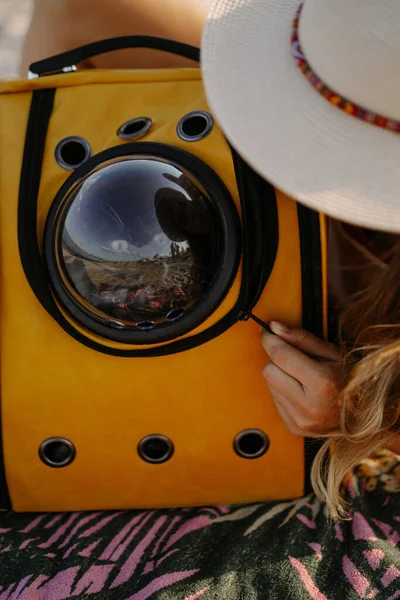 Giovane Donna Con Gatto Uno Zaino Riva Mare Concetto Viaggio — Foto Stock