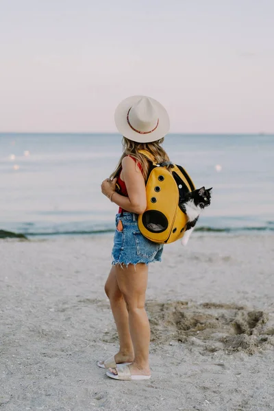 Jovem Com Gato Uma Mochila Praia Conceito Viagem Com Animal — Fotografia de Stock