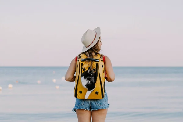 Jovem Com Gato Uma Mochila Praia Conceito Viagem Com Animal — Fotografia de Stock