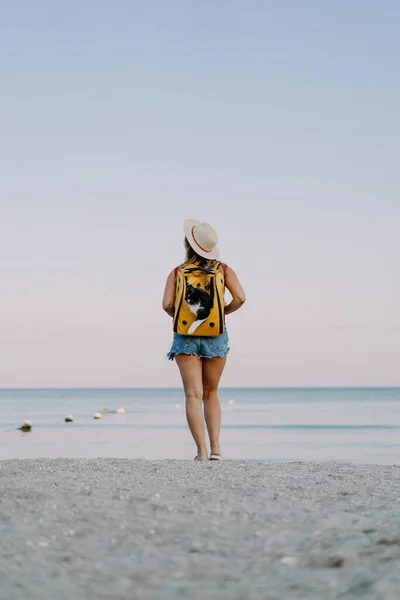 Jovem Com Gato Uma Mochila Praia Conceito Viagem Com Animal — Fotografia de Stock