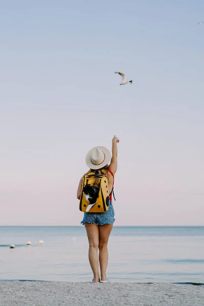 Mujer Joven Con Gato Una Mochila Orilla Del Mar Concepto — Foto de Stock