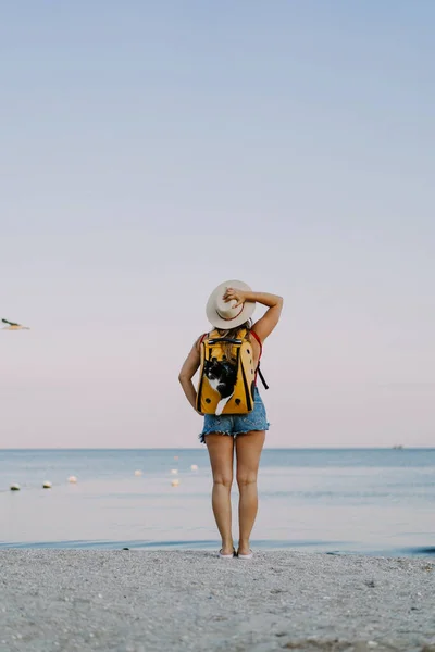 young woman with a cat in a backpack on the seashore. Travel concept with a pet.