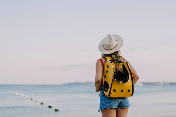 Jovem Com Gato Uma Mochila Praia Conceito Viagem Com Animal — Fotografia de Stock