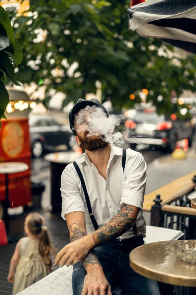 Young Bearded Man Cafe Street Smokes Cigarette Romantic Guy White — Stock Photo, Image