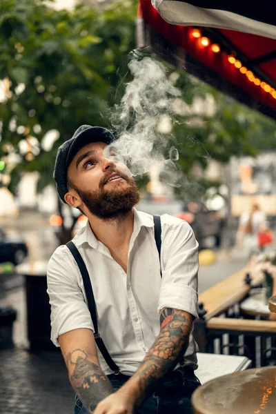 Young Bearded Man Cafe Street Smokes Cigarette Romantic Guy White — Stock Photo, Image