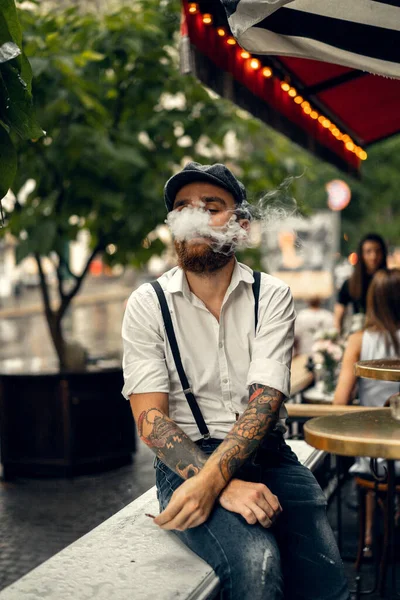 Young Bearded Man Cafe Street Smokes Cigarette Romantic Guy White — Stock Photo, Image