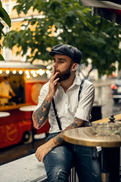 Young Bearded Man Cafe Street Smokes Cigarette Romantic Guy White — Stock Photo, Image