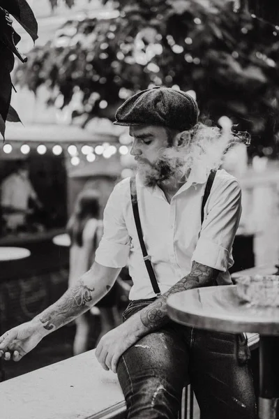 Young Bearded Man Cafe Street Smokes Cigarette Romantic Guy White — Stock Photo, Image