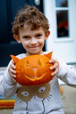 Cadılar bayramı için balkabağı Jack 'li küçük çocuk. Bir çocuk, kedi şeklinde bir balkabağından lamba oyuyor..