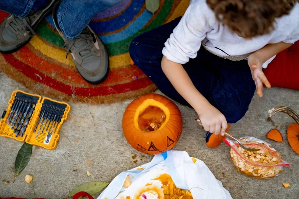 Little Boy Child Pumpkin Jack Halloween Child Carves — Stock Photo, Image