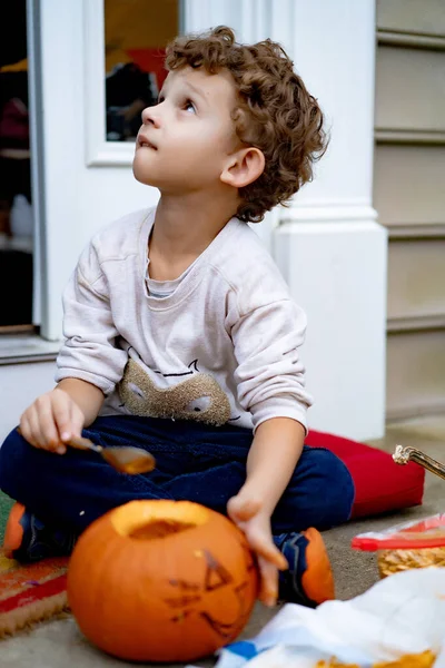 Little Boy Child Pumpkin Jack Halloween Child Carves Lamp Jack — Stock Photo, Image