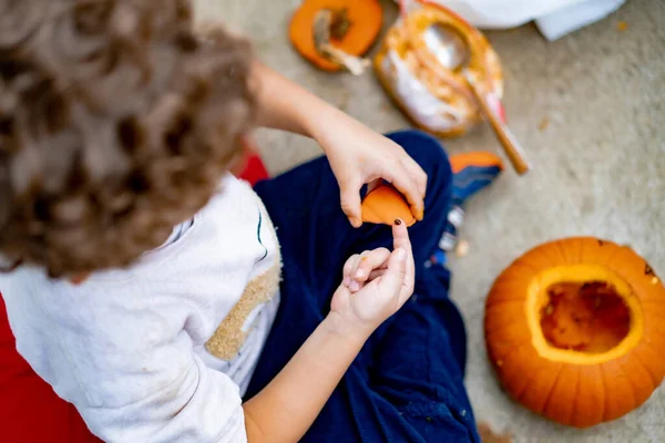 Little Boy Child Pumpkin Jack Halloween Child Carves — Stock Photo, Image