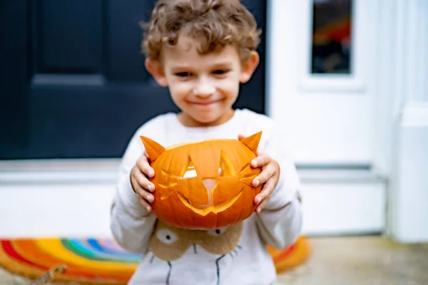 Little Boy Child Pumpkin Jack Halloween Child Carves Lamp Jack — Stock Photo, Image