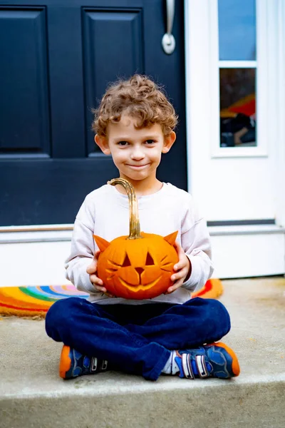 Little Boy Child Pumpkin Jack Halloween Child Carves Lamp Jack — Stock Photo, Image