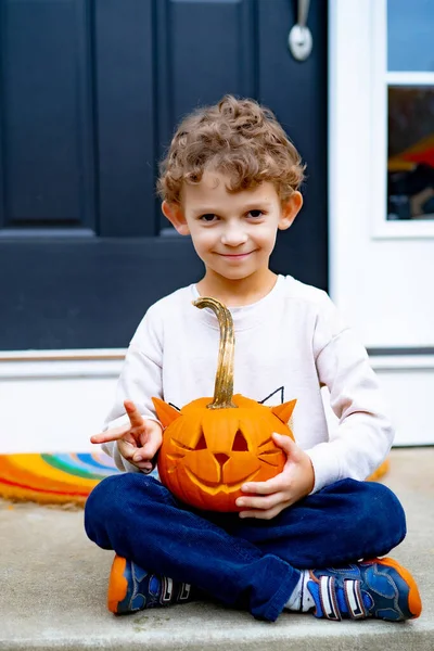 Little Boy Child Pumpkin Jack Halloween Child Carves Lamp Jack — Stock Photo, Image