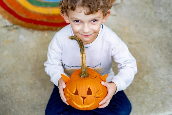 Little Boy Child Pumpkin Jack Halloween Child Carves Lamp Jack — Stock Photo, Image