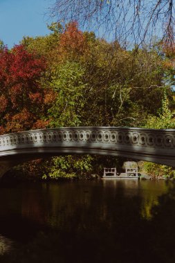 Sonbaharda New York Manhattan Central Park, göl üzerinde köprü.