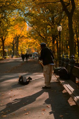 Sonbaharda New York City Manhattan Central Park 'ta. New York 'taki Central Park' ta bir sokak müzisyeni saksafon çalıyor..