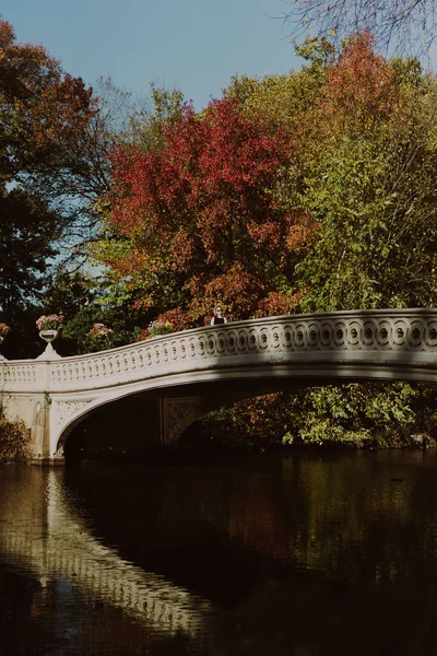 New York Manhattan Central Park Otoño Puente Sobre Lago Mujer — Foto de Stock