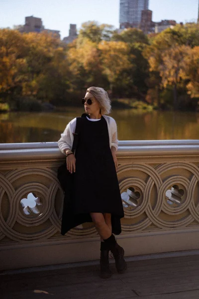 New York Manhattan Central Park Herfst Brug Het Meer Jonge — Stockfoto