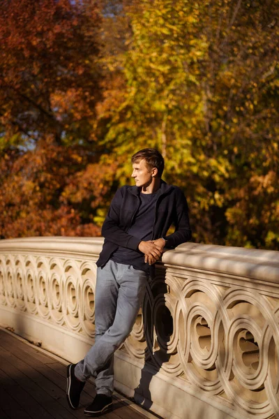 New York Manhattan Central Park Otoño Puente Sobre Lago Joven — Foto de Stock