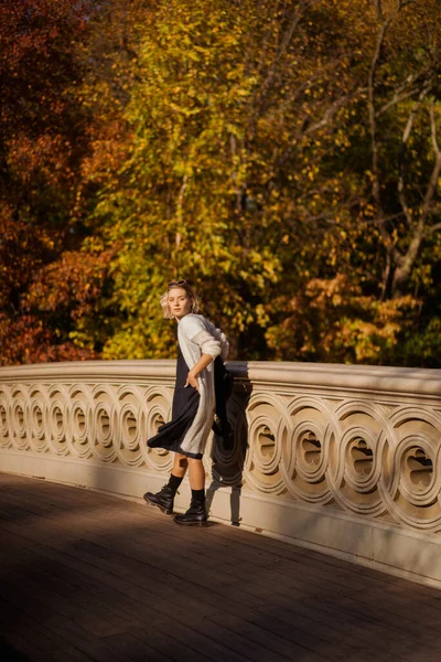 纽约曼哈顿中央公园秋天 桥在湖上 在纽约的一个秋天的公园里散步的年轻女子 — 图库照片