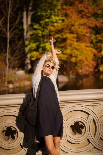 New York Manhattan Central Park Outono Ponte Sobre Lago Jovem — Fotografia de Stock