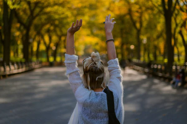 New York Manhattan Central Park Herfst Brug Het Meer Jonge — Stockfoto