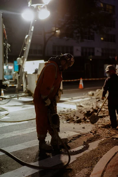 New York, Manhattan, Times Meydanı, gece yol onarımı.