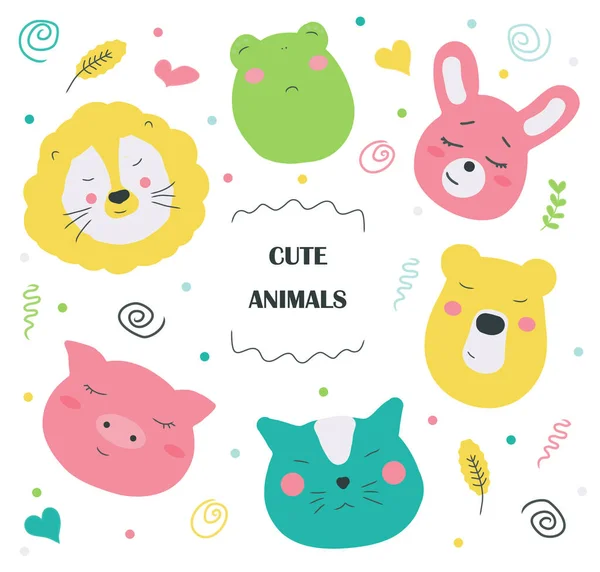 Cute animal faces. Hand drawn colored avatars stickers. Big vector set.