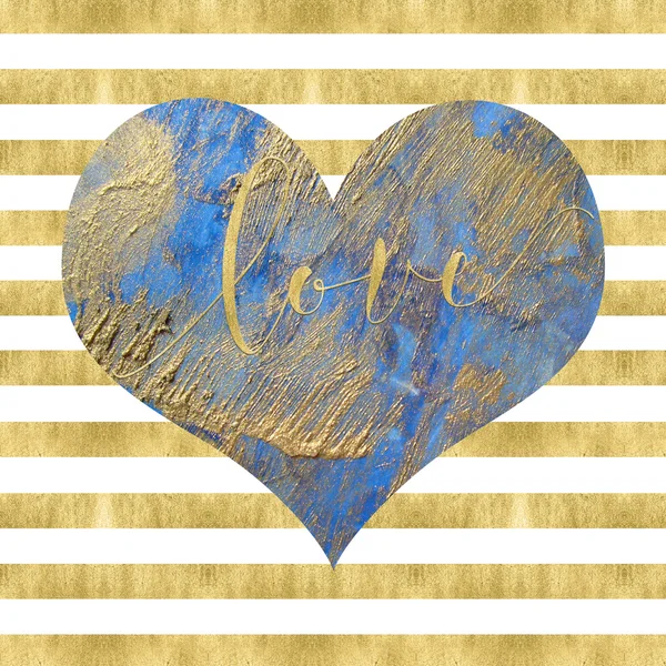 Blue heart on a gold foil effect striped background — Stock Photo, Image