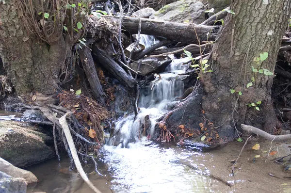 바위와 나무 사이 작은 폭포에서 흐르는 강 — 스톡 사진