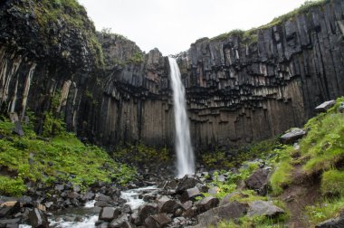 Kayalar ve çim çevresinde görkemli şelaleler