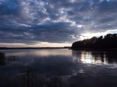 Gün batımı zamanında deniz manzarası ile orman arka planda