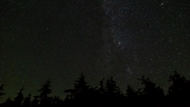 Yıldızların Zaman Çizelgesi Gece Gökyüzünde Süzülüyor Samanyolu Galaksisi Uydular Meteorlar — Stok video