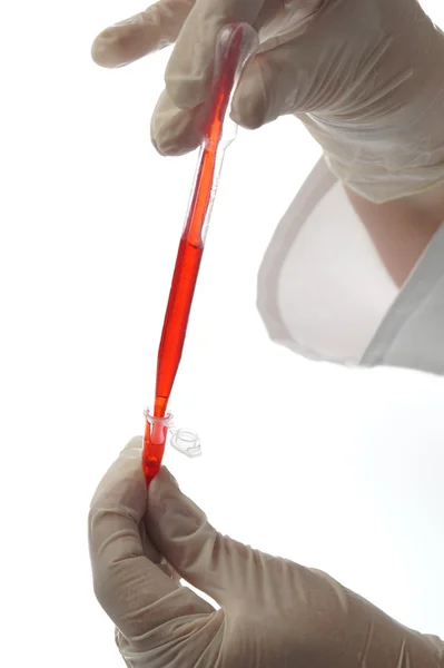 Hand with pipette and testtube isolated on white — Stock Photo, Image