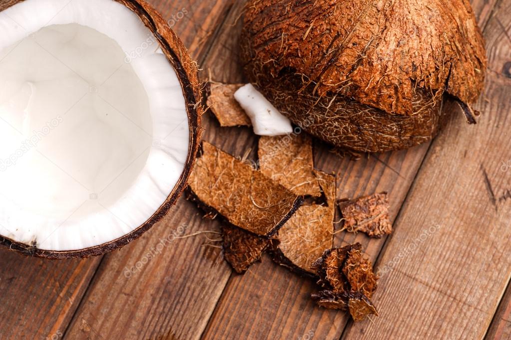 Coconut, broken and open ready for eating