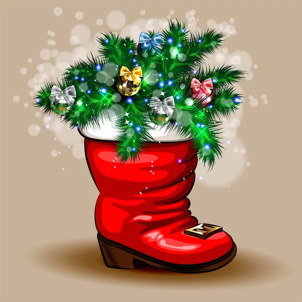 靴子圣诞老人与冷杉的枝条 — 图库矢量图片