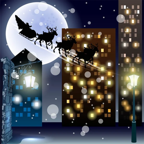 Santa Claus soby letí nad městem — Stockový vektor