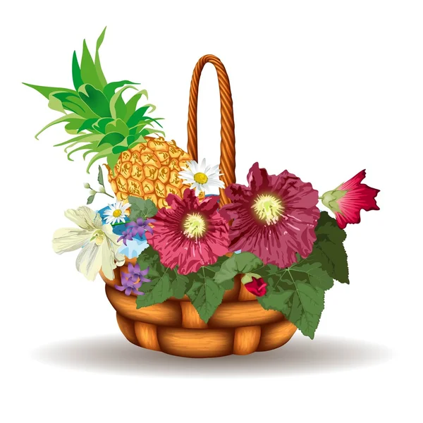 Basket of flowers isolated on white — Stock Vector