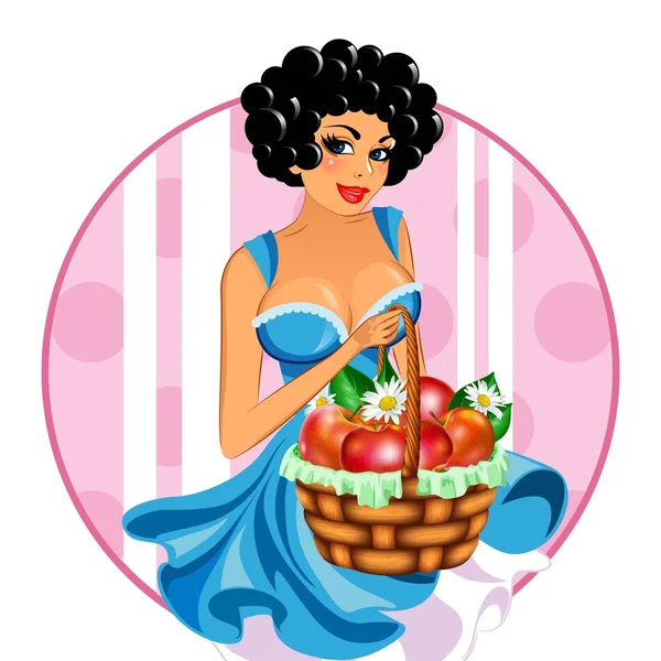 Femme avec un panier de pommes — Image vectorielle