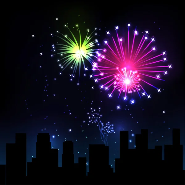 Spettacolo di fuochi d'artificio sulla città notturna , — Vettoriale Stock
