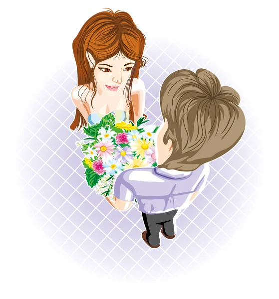 The man giving flowers to the beloved girl. — Stock Vector