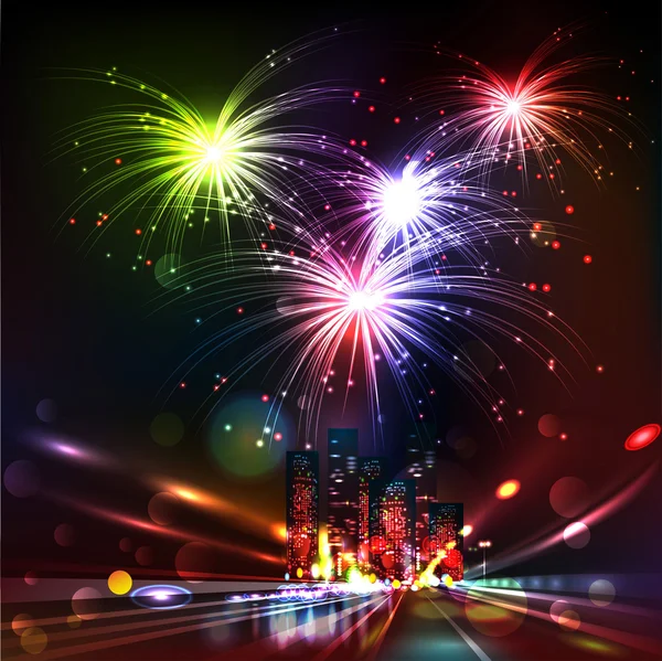 Fireworks Display over the Night City, — Stock Vector