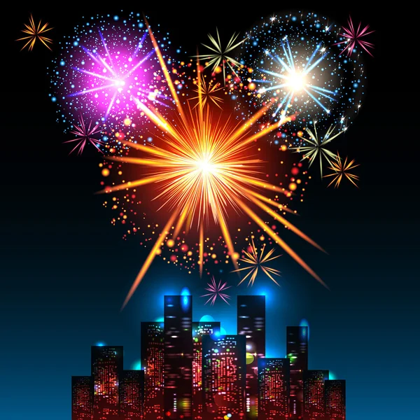 Fireworks Display over the Night City, — Stock Vector