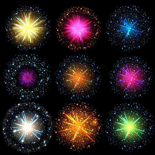 Collection de feux d'artifice colorés, scintillements, saluer et pétards explosions — Image vectorielle