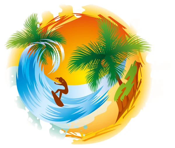 Onda tropicale dell'isola e surfista — Vettoriale Stock